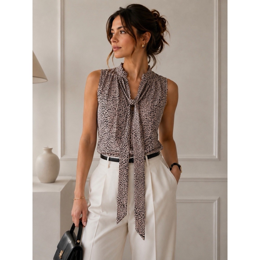 DKNY Sleeveless Tie‎ Neck Blouse Pleated Animal Print Quiet Luxury Career Top S